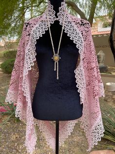 Elegant lace shoulders cape . Unique Handmade couture, beautiful lace shawl with hook closure at the neck. Beautiful look with a dress or jeans. Glamor  pink powder color. Made in USA Size good for : S,M,L,XL , XXL Crochet Lace Shawl Pattern Free, Shawl For Dress, Cape Au Crochet, Cape Crochet, Cape Women, Lace Shawl Pattern, Crochet Lace Shawl, Cardigan Shawl, Crochet Cape