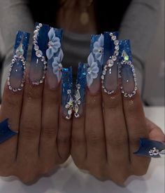 Blue Diamond Nails, Blue Prom Nails, Quinceanera Nails, Blue Glitter Nails, Idea Nail, Blue Acrylic Nails, Nails Design With Rhinestones, Colored Acrylic Nails