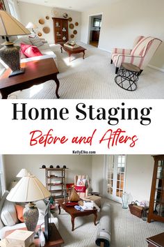 the before and afters of a living room remodel with white carpeting