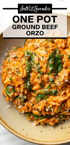 one pot ground beef orzo in a white bowl with text overlay that reads, one pot ground beef orzo