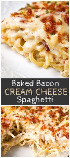 baked bacon cream cheese spaghetti on a white plate with text overlay that reads baked bacon cream cheese spaghetti