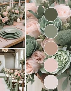 the wedding table is decorated with pink and green flowers, greenery, candles and plates