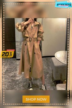 Long Loose Over-the-knee Coat In Women's Windbreaker Knee-length Fall Outerwear With Pockets, Knee-length Belted Fall Outerwear, Knee-length Belted Outerwear For Fall, Fall Belted Knee-length Outerwear, Fall Knee-length Belted Outerwear, Women's Windbreaker, Womens Windbreaker, Sleeves Clothing, Color Khaki