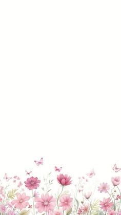 pink flowers and butterflies on a white background