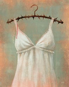 a painting of a white dress with a thorn on it's hanger, against an orange and blue background