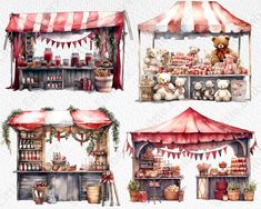 three watercolor paintings of teddy bears at an outdoor market stall with red and white awnings