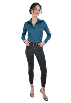 Introducing the Women's Silky Satin Charmeuse Blouse - a versatile and elegant piece that will take you from the office to any occasion. Made with soft and luxurious charmeuse fabric, this button-down blouse features long sleeves with cuffs, a hidden button placket, and a flattering fit. Perfect for dressing up or down, this blouse is a must-have for any wardrobe. Upgrade your wardrobe with this stylish and sophisticated blouse.   ✔ Long sleeves with cuffs. ✔ Hidden button placket ✔ Hand wash Co Satin Long Sleeve, Yoga Shirts, Elegant Shirt, Peacock Blue, Yoga Tops, Long Blouse, Indigo Blue, Cool Suits, Work Casual