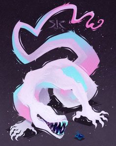 a painting of a white dragon with pink and blue colors