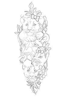 a line drawing of cats and flowers on a white background