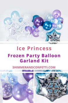 the frozen party balloon garland kit is shown with balloons and snowflakes on it