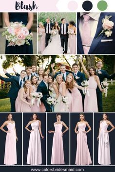 the bride and groom are posing for pictures in their pink dresses, tuxedos, and black suits