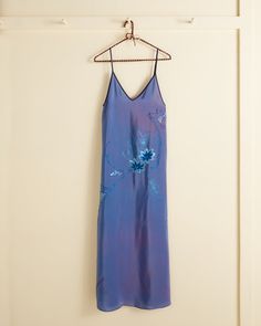 Silk Maxi Dress With Floral Embroidery For Evening, Purple Silk Dresses With Floral Embroidery, Evening Embroidered Silk Maxi Dress, Silk Embroidered Maxi Dress For Evening, Embroidered Purple Silk Dress, Purple Silk Evening Slip Dress, Purple Silk Slip Dress For Evening, Embroidered Silk Evening Dress, Purple Silk Bohemian Dress