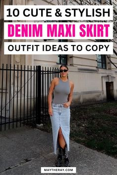 Layered Denim Skirts: Dimension and Style Denim Long Skirt Outfit, Maxi Denim Skirt Outfit, Long Denim Skirt Outfits, Long Jean Skirt Outfits, Denim Skirt Outfit Summer, Denim Maxi Skirt Outfit, Long Denim Skirt Outfit, Spring Skirt Outfits, Skirt Outfit Ideas