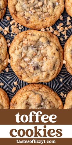 chocolate chip cookies are piled on top of each other with the words toffee cookies above them