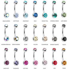 the different types of belly piercings are shown in various colors and shapes, including crystal stones