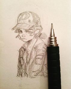 a pencil drawing of a person wearing a hat and glasses, next to a pen