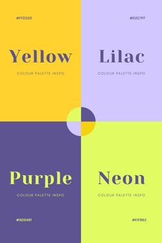 four different colors with the words purple and yellow in each color scheme, all on one side