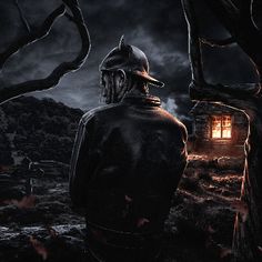 a man standing in front of a creepy house