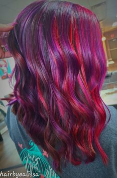 Magenta And Purple Hair Color Combos, Red Hair With Pink And Purple Highlights, Red And Purple Streaks Hair, Purple Hair With Red Highlights, Pink Purple Red Hair, Red And Purple Hair Color Ideas, Red With Purple Highlights, Red Hair With Purple Highlights