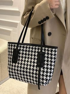 OrcaJump - Bolso de hombro con estampado de pata de gallo - Women Tote Bags Houndstooth Bag, Tweed Handbag, Fabric Embellishment, Tote Pattern, Houndstooth Pattern, Tote Bag Pattern, Work Bags, Fabric Bags, Shoulder Tote Bag