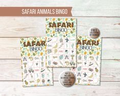 three safari animals bingo game cards with free printables on the front and back