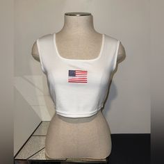 White Crop Tank With American Flag, Brand New With Tags, Zaful Size Medium Casual White Tank Top With Flag Print, White Sleeveless Top With Flag Print, White Tank Top With American Flag Print For Spring, White American Flag Print Tank Top For Summer, Spring White Tank Top With American Flag Print, White American Flag Print Tank Top For Spring, White Baby Tee, White Crop Tank, White Crop