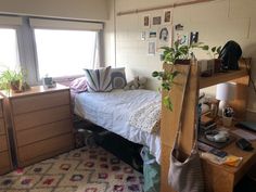 a bed room with a neatly made bed next to a window and a plant in the corner