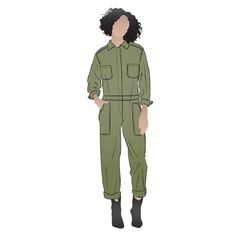 Boiler suit. Button fly front. Long sleeves with button cuff. Shirt collar with 1/2 moon collar stand. Breast patch pocket. Back patch pockets. Front leg angled patch pockets. Double back yoke. Skill Level: Challenging Sizes: 4-16 or 18-30 New, uncut paper pattern Fabric Suggestions: Drill, washed linen, denim, crepe. Style Arc, 2 Moons, Boiler Suit, Suit Style, Paper Pattern, Pattern Fabric, Back Patch, Fabric Swatches, Shirt Collar