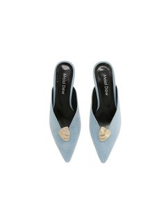 - Pointed toe- Wave upper line- Mid heel- Textured metal pointMeasurements- Heel: 1.9in- Size: KR225(US5.5)-255(US8.5)- This item is based on the KR shoe size. Please refer to the size chart.- This item runs true to size. For wide feet  please order half size larger than your normal size.Composition- Upper: Suede(Sheepskin)- Lining: Synthetic LeatherDesigner- Made in Korea- by MEIEL DEW- Style#: 300739424 Formal Pointed Toe Flats With Metal Feet, Modern Blue Heels For Work, Spring Heels With Metal Pin Buckle And Pointed Toe, Blue Pointed Toe Kitten Heels For Spring, Modern Blue Pointed Toe Heels, Formal Flat Heel Mules With Metal Feet, Modern Low Heel Shoes With Metal Feet, Blue Pointed Toe Court Shoes With Sculpted Heel, Formal Pointed Toe Mules With Metal Feet