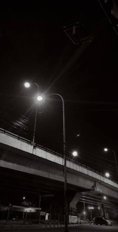 a black and white photo of an overpass at night with street lights in the foreground