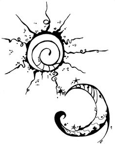 a black and white drawing of a sun with swirls on it's side