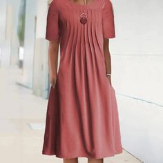 Summer Solid Color Bech Dress Round Neck Pullover Short Sleeve Midi Dress Women's Casual Loose Dress Vestidos De Mujer Breezy Dress, Langer Rock, Midi Short Sleeve Dress, Crewneck Dress, Red Midi Dress, Mid Length Dresses, Belleza Natural, Types Of Skirts, Womens Midi Dresses