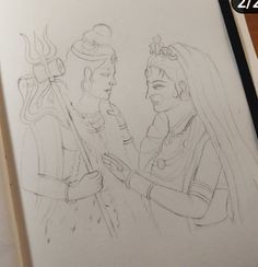 pencil drawing of two women talking to each other