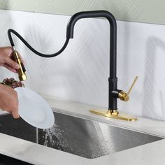 a person washing dishes in a sink with a faucet and soap dispenser