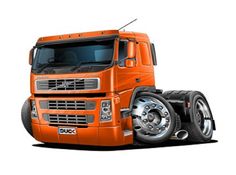 an orange semi truck is shown on a white background and has the front wheels facing forward