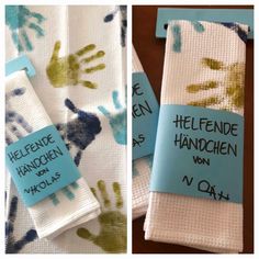 two pictures of handprints on towels with blue tags attached to them