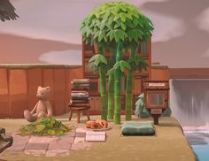 an animated scene with a teddy bear sitting on the ground in front of a bamboo tree