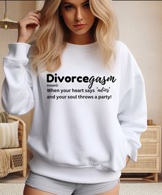 Divorce gifts, divorce gift, weird stuff, preppy stuff, Divorce Funny Party Gifts, divorce party shirt, Divorced AF Shirt, Divorced Shirt, Divorcee Tshirt, Divorced Gifts For Her, Divorce Party Shirt, Gift for Divorcee, Single AF Shirt, Long Sleeve Pink Sweatshirt, Divorce Women's Hoodies, Cute Graphic Shirt, Divorce AF Hoodie, Gift For recently divorced, Long Sleeve Shirt, Unisex Divorce Crewneck , Collarless Cotton Jersey gift for casual wear for mom, aunt, wife, daughter, friends  Elevate your wardrobe in style with this sweatshirt featuring the word 'Divorcegasm' in cute and adorable minimal lettering, designed for those who appreciate sarcastic humor, as well as soft and cozy comfort. Crafted on the Gildan 18000 sweatshirt, this funny, adorable, and cute Divorcegasm saying sweatshirt Court Attire, Divorce For Women, Divorce Gift, Party Funny, Pink Sweatshirt, Sarcastic Humor, Party Shirts, Party Gifts, Cut And Style