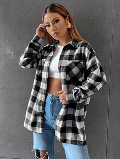 Black and White Preppy  Long Sleeve Wool-Like Fabric Gingham Regular Embellished Non-Stretch Fall/Winter Women Outerwear Women Outerwear, Women Overcoat, Checkered Shirt, Gingham Print, Girl Sweatshirts, Mixing Fabrics, Shein Style, Plaid Print, Buffalo Plaid