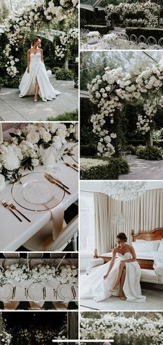 a collage of photos with white flowers and greenery in the center, along with pictures of brides sitting at their wedding reception tables