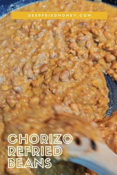 the recipe for chorizo refried beans in a skillet