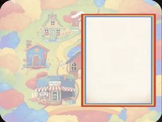 an image of a frame with houses and clouds in the sky behind it on a colorful background