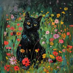 a painting of a black cat sitting in a field of flowers