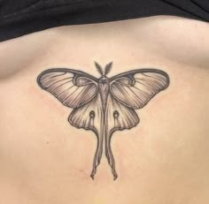 a moth tattoo on the back of a woman's stomach