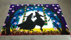 a painting on the ground with flowers and two women dancing in front of trees,