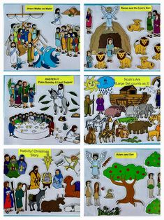 four different pictures of people and animals in the bible