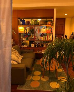 a living room filled with furniture and lots of bookshelves above the couches