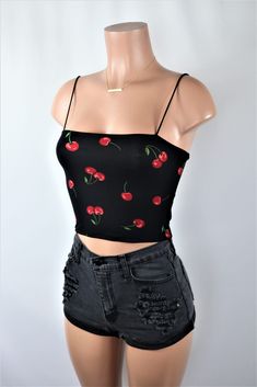 Size: L Cherry Crop Top, Sweet Cherries, Instagram Outfits, Cherry Print, Print Crop Tops, Cheap Fashion, Cheap Clothes, Cute Black, Square Neck