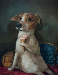 a painting of a dog sitting on a chair with an ice cream cone in its mouth