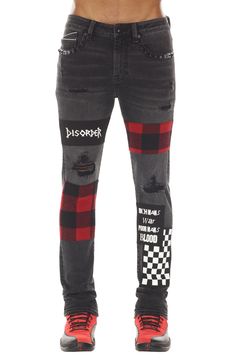 Threadbare rips and plaid patches lend grungy allure to stretch-enhanced skinny jeans detailed with signature spiked studs tracing the front scoop pockets. 32" inseam; 10 1/4" front rise 86% cotton, 10% spandex, 4% polyester Machine wash, line dry Imported Edgy Cotton Jeans For Concert, Distressed Cotton Jeans For Concerts, Distressed Punk Jeans For Concert, Ripped Cotton Jeans In Alternative Style, Punk Distressed Jeans For Concert, Patched Jeans For Streetwear In Fall, Fall Streetwear Jeans With Patches, Alternative Style Cotton Jeans For Concerts, Punk Style Cotton Jeans With Graphic Print